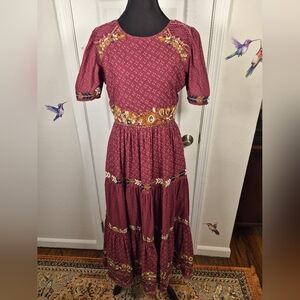 Bohme Boho Embroidered Cotton Midi Dress | Lace Detail | Size S